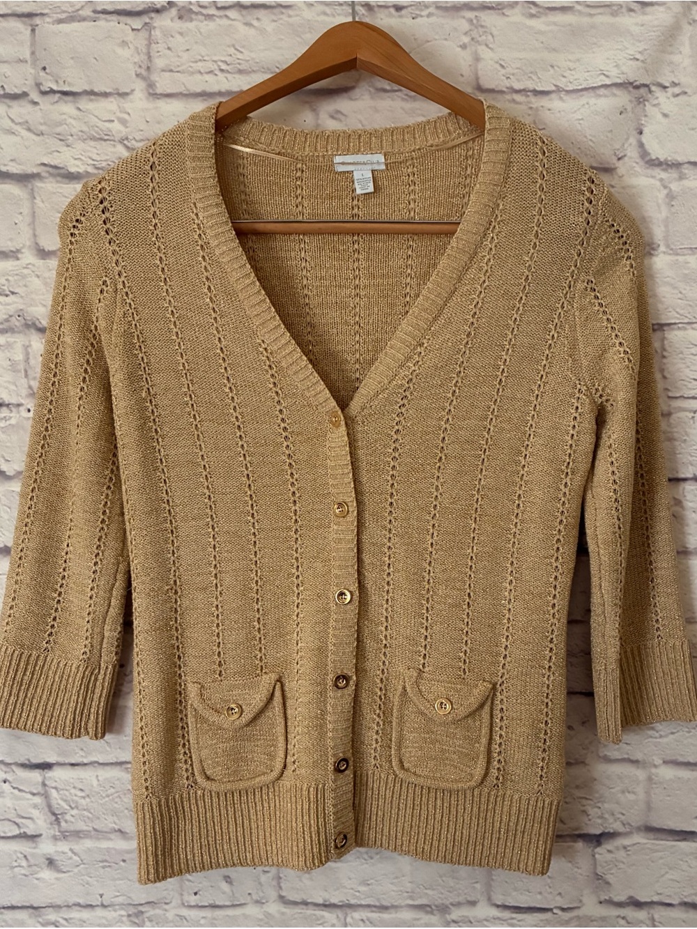 Charter Club Gold Threaded Tan V-Neck Button Cardigan Sweater - Large